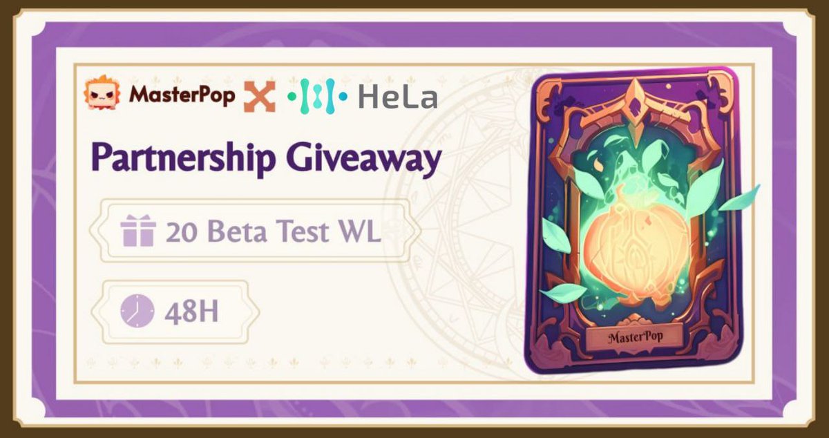 HeLa X @masterpopgame Giveaway! We are giving 20 Beta Test WL to our community! 💵: 20 Beta Test WL ⏳: 48h To enter: 1. Follow @masterpopgame, @Hela_Network, @HeLa_Labs 2. RT+❤️ 3. Join discord.gg/Y6w5bEg4z3 4. Comment your EVM address Beta Test WL overview🧐 🔥