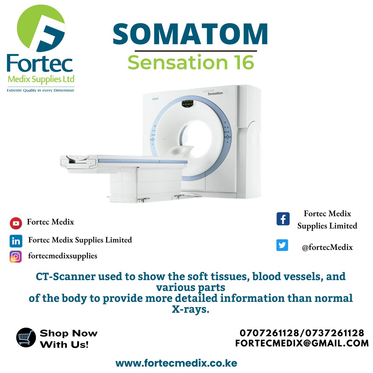 Experience the cutting-edge technology of the Somatom Sensation 16 CT Scanner. Find this state-of-the-art machine at Fortec Medix Supplies for all your medical imaging needs.
'Extreme Quality in Every Dimension'

#Fortec #fortecmedix  #ctscan #petctscan #3dctscan #radiology