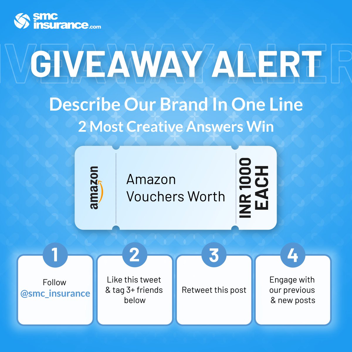 smc_insurance's tweet image. 🥳Giveaway Alert🥳

If you had to write our @smc_insurance bio - how would you describe us?

2 lucky winners who give the most creative, fun answers - will get a chance to win Amazon Vouchers worth INR 1000 each🎉

Simplest rules to enter:

1️⃣Follow @smc_insurance
2️⃣Like this and