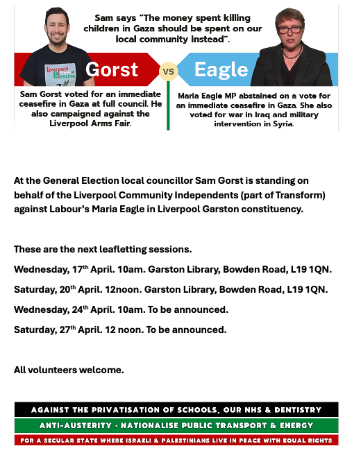 Are you 👇 ✅ in favour of #ceasefireNow in Gaza ✅ opposed to austerity and public sector cuts ✅ against the expansion of the Veolia plant Then come out and campaign for #gorst4garston