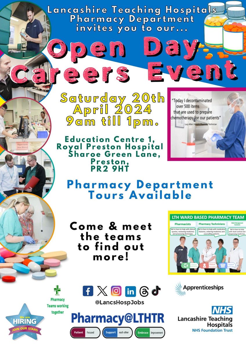 Join us @pharmacylthtr @LancsHospitals for our Open Day - Careers Event this Saturday 20th April 9-1 to find out more about a career in pharmacy and meet the team, we look forward to meeting you!