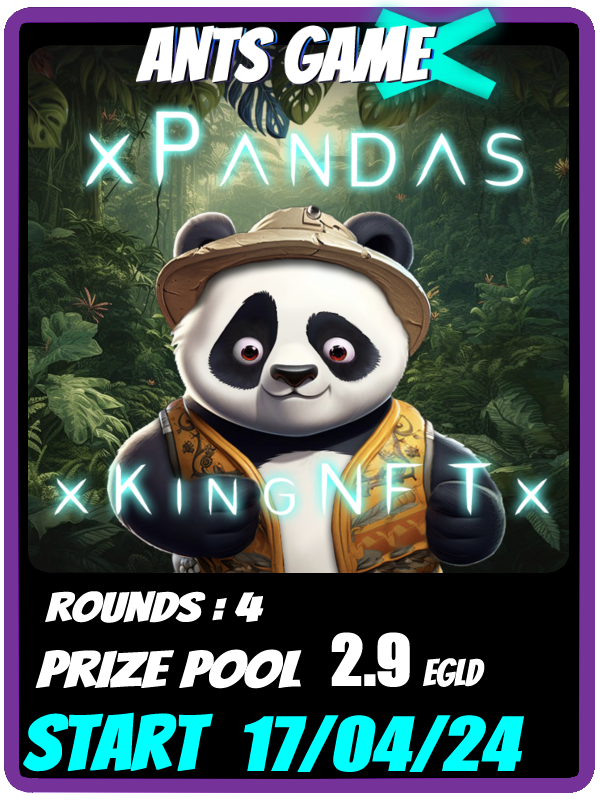 Tomorrow starts a 🐼#xPandas 🎮AntsGame 2.9 $EGLD pool prize
🏁START 5:00 pm CET
⌛️Duration : 4 round of 24hours
💵3 pools : 30/100/999 🐙 @xKingNFTx holders be ready !

app.antsclubx.com

<a href="/PulsarTransfer/">PulsarTransfer</a> send 10000 XKING to 200 retweets