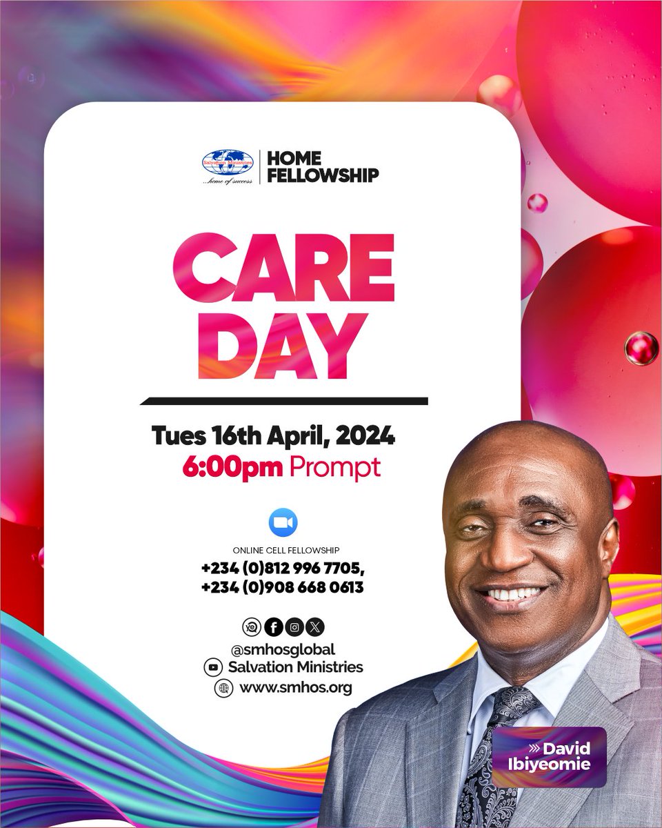 Join us for Care Day today at 6 p.m. to fellowship with other believers. Stop by any Home Fellowship in your neighbourhood or join us via Zoom. #SMHOS #SalvationMinistries