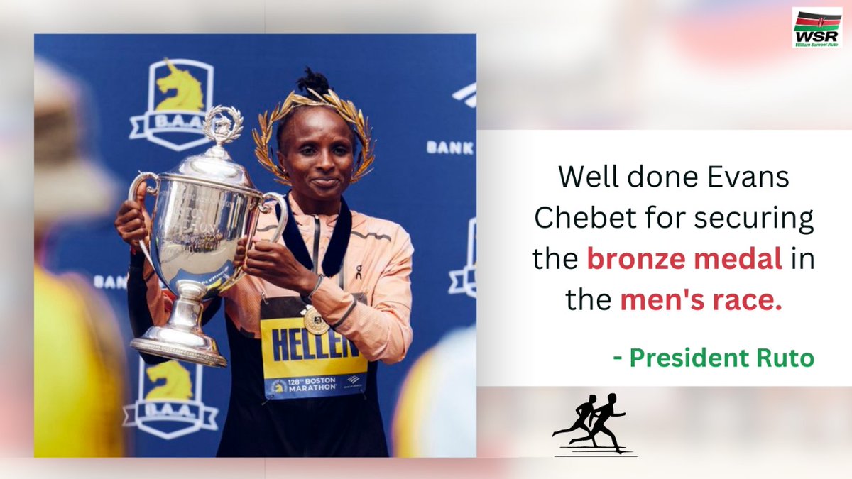 Well done Evans Chebet for securing the bronze medal in the men's race - president Ruto praised in his tweet. We are proud of your hard work and dedication. Keep shining on the track and making Kenya proud! #TeamKenya #BronzeMedal #Athletics📷