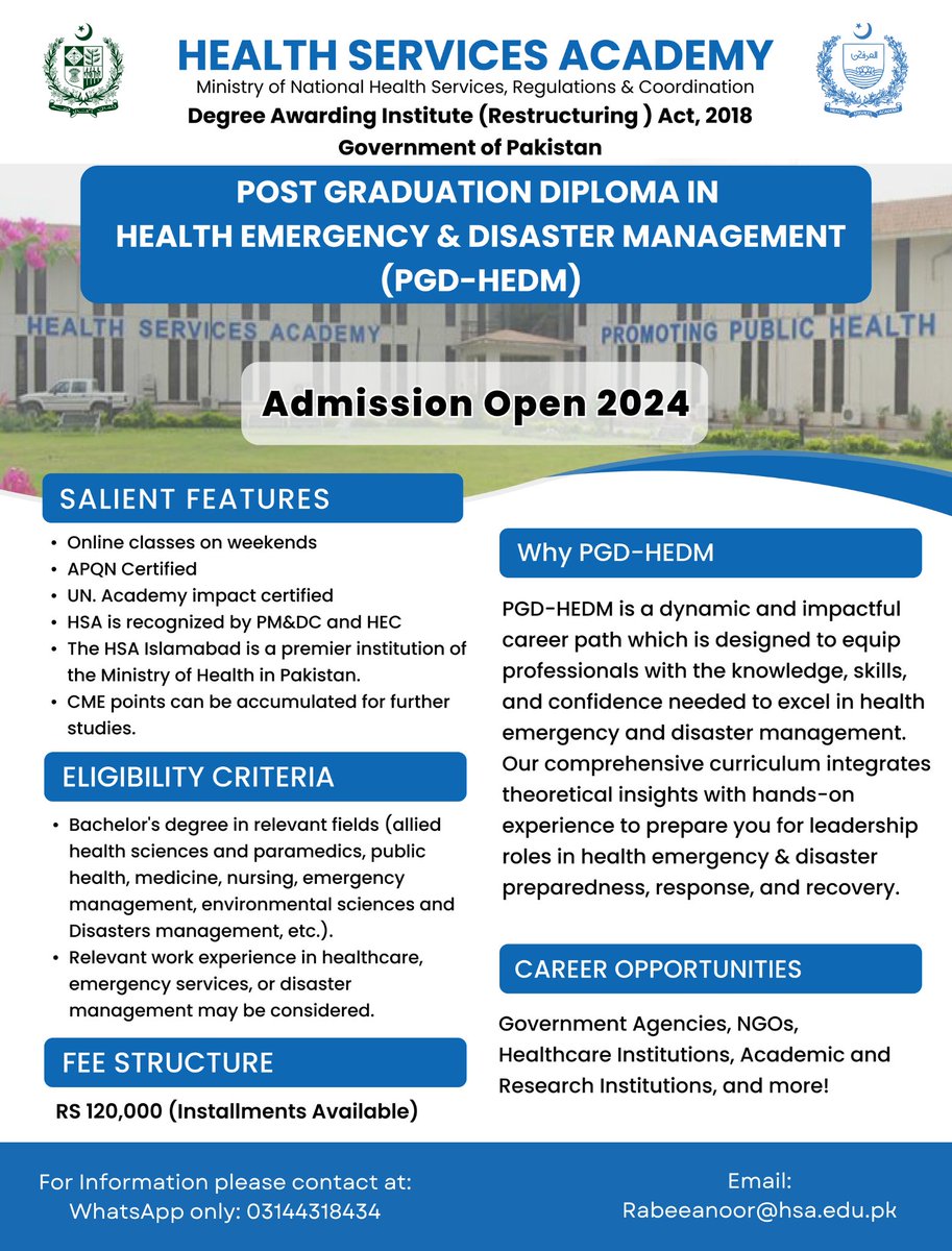 Exciting News Alert! 🚨 Join us for our Post Grad Diploma in Health Emergency & Disaster Management! Equip yourself with essential skills to respond effectively to emergencies. Apply now! Apply now: hsa.edu.pk/login?redirect…