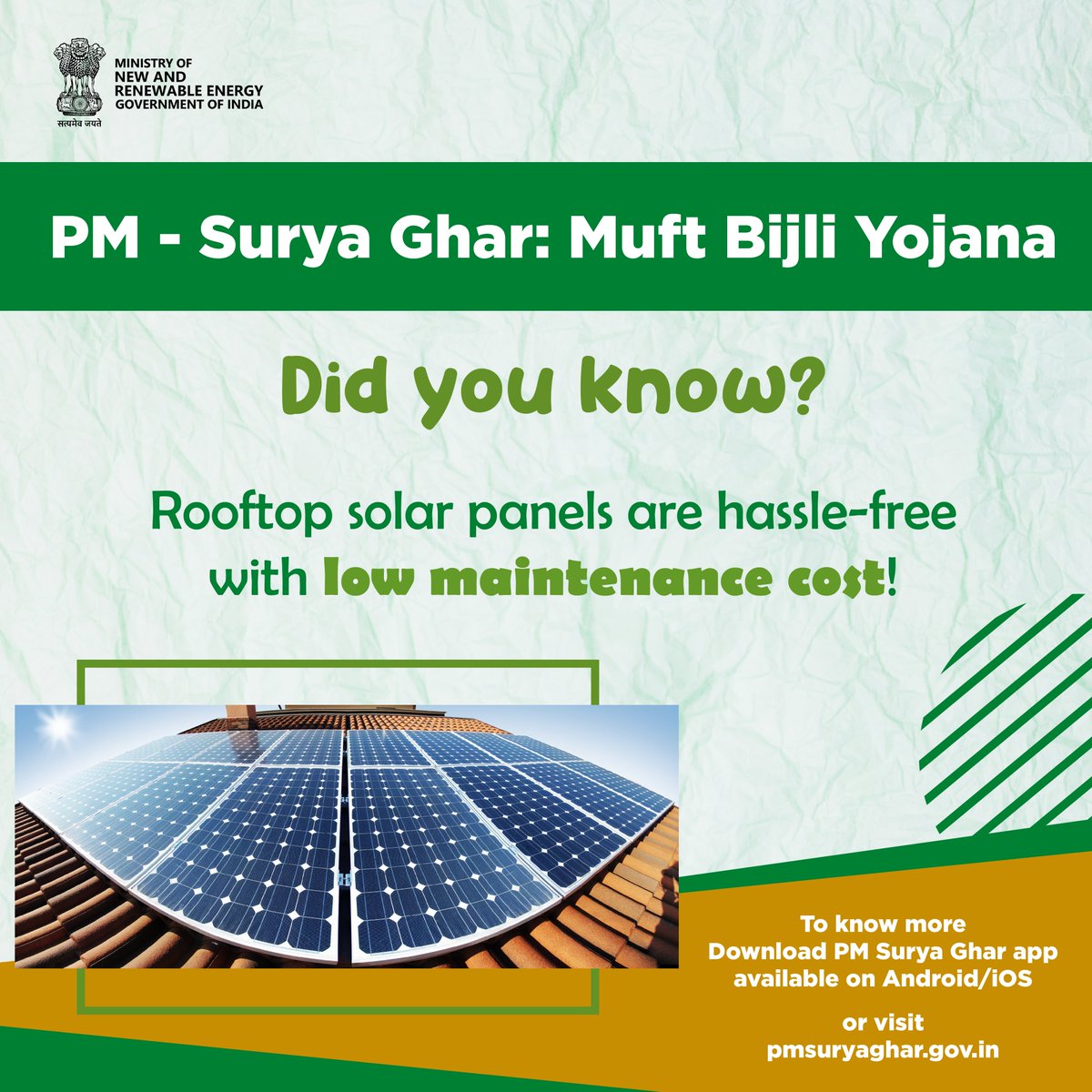 Rooftop solar: Low maintenance, high savings. Let the sun do the work. Sign up for PM – Surya Ghar: Muft Bijli Yojana. For more information,visit:pmsuryaghar.gov.in #PMSuryaGhar #MuftBijliYojana #SolarPower #FreeElectricity #AatmanirbharBharat @mnreindia @RECLindia