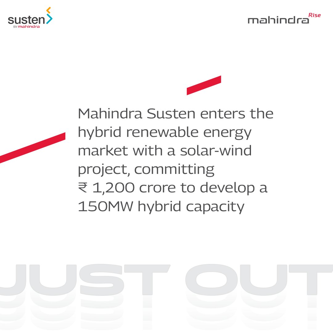 Upholding the #PlanetPositive ethos, @MahindraSusten ventures into the hybrid renewable energy sector with a solar-wind project. This marks a step forward in our commitment to achieving 100% renewable energy adoption across the group by 2030. Read more: mahindra.com/news-room/pres…