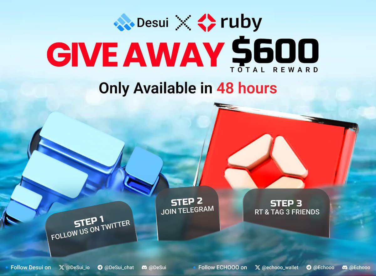 #Giveaway @DeSui_io X @RubyLabs_xyz 🏆 Prize; $100 USDT and $500 worth of DESUI NFT for 10 people To enter; ✅ Follow @DeSui_io and @RubyLabs_xyz on Twitter ✅ Join Telegram t.me/DeSui_Chat t.me/rubyprotocol ✅ Verify task on Desui :…