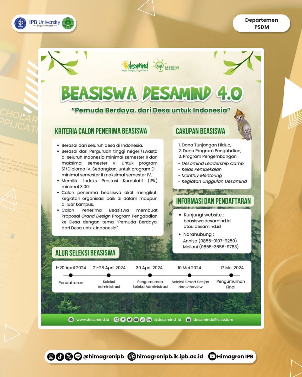 [BEASISWA DESAMIND 4.0]
🔗Link Pendaftaran
beasiswa.desamind.id

✨ Terima kasih✨️
Narahubung:
☎ : Brenda (087727599296)
#PSDMHimagron
#InfoBeasiswa
[11/E/16/04]
DEPARTEMEN PSDM
KABINET GAVALIS
[HIMAGRON 2023/2024]
