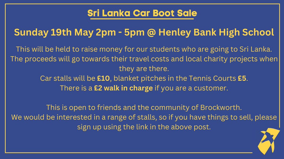 We are pleased to be raising money for our student's Sri Lanka Trip: If you would like to have a stall at our Car Boot Sale, please visit: buff.ly/4cVM97D #HBHSCommunity