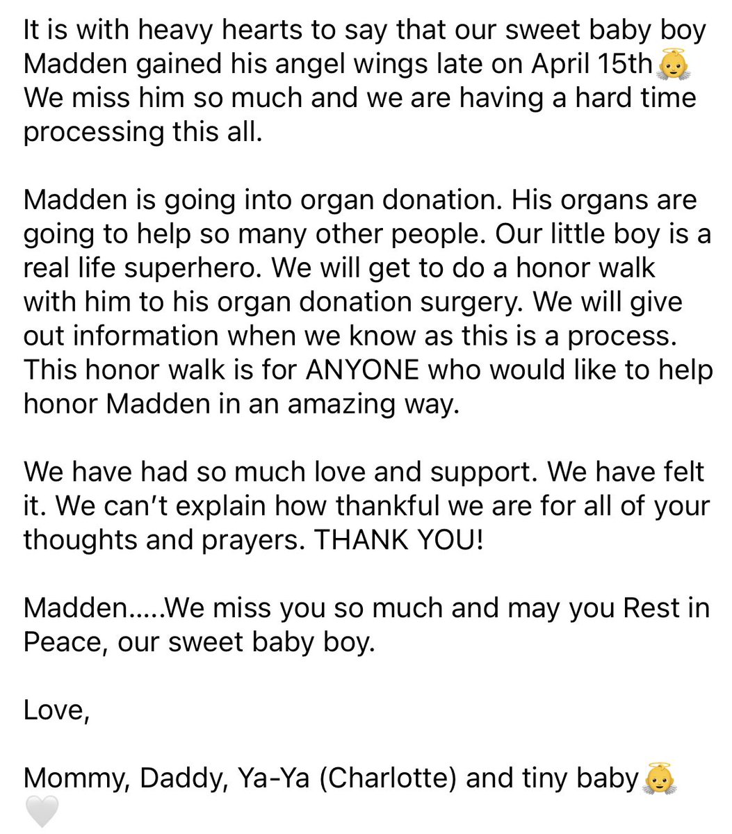 AlexHein15's tweet photo. Thank you for all your thoughts and prayers. 

We love you, Madden. We miss you so much. 

We can’t wait to see you again. @kathrynnasby https://t.co/1EbQJqa7bU
