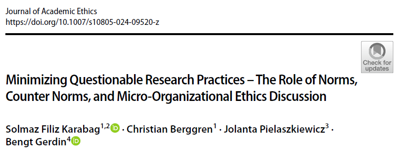 Large Swedish survey shows questionable research practices are common. Strong predictor is biasedness (counter norms), internal competition (!). Also shows group level ethics discussion (but not traditional ethics training) has a negative effect on QRP's link.springer.com/article/10.100…