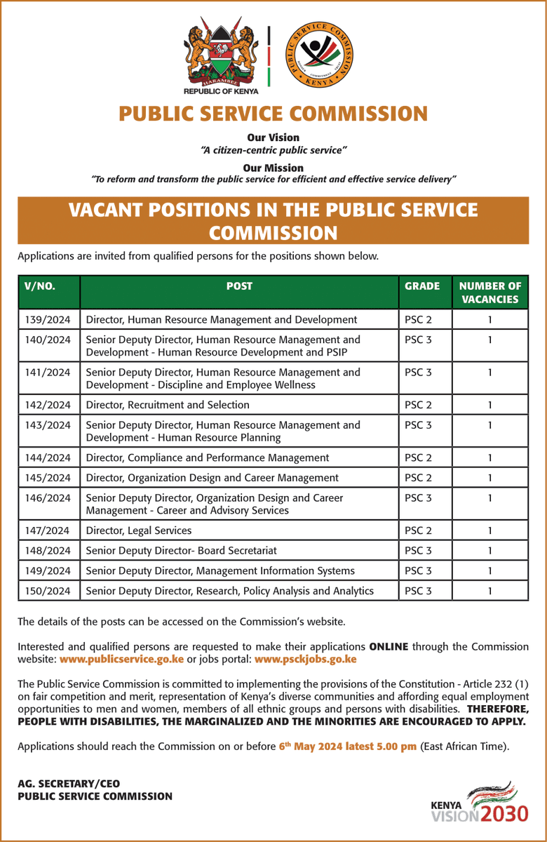 !!!! JOB ALERT !!!! Vacant Positions in the Public Service Commission. Qualified and Interested candidates should submit their applications Online via PSC jobs portal. Application Deadline: 6th May 2024. #IkoKaziKE