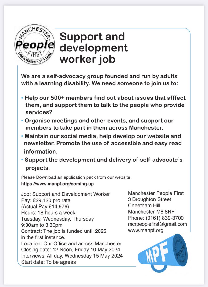 Come and work for us 

Support/development worker role 

18 hours per week 

£29,120 pro rata 

See poster below 
And website for job pack 

Link: manpf.org/coming-up