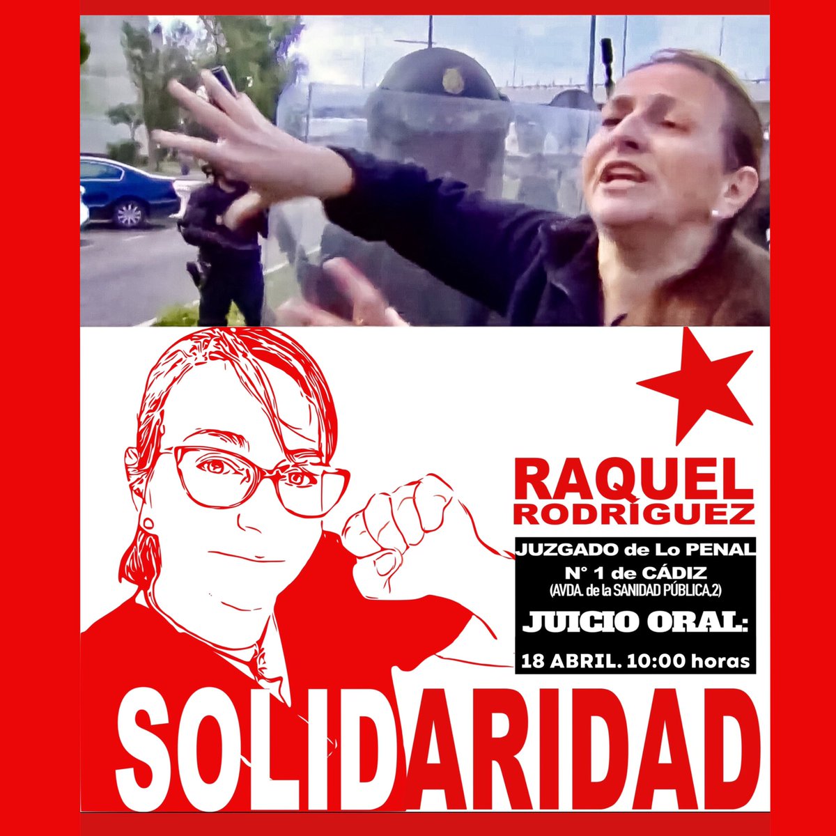 ‼️Solidaridad con @RaquelRp39 Represaliada por su valentía frente al poder, las porras y la tanqueta.
¡Más valientes cómo ella!
Huelga de Metal, Cádiz.
18 de Abril, 10:00h Juzgados de lo Penal de Cádiz. No solo juzgan a Raquel, juzgan a todo un pueblo.
#NiRepresionNiRepresalias
