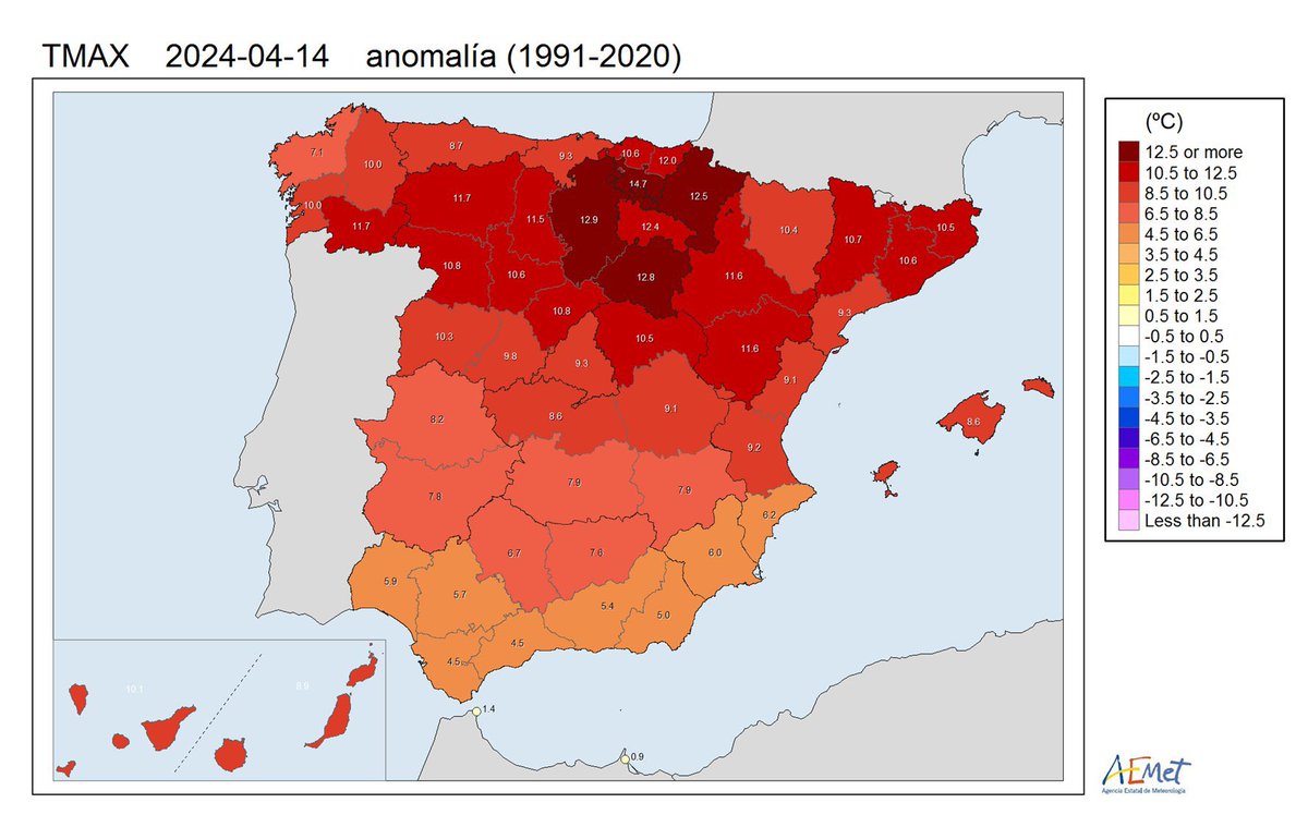 Este es el resumen del último fin de semana con temperaturas tan altas que en puntos del norte se han situado entre 15 y 20 grados sobre el valor medio de abril 🌡️ Hoy tenemos un contraste entre el sur (33 en Sevilla) con valores disparados y el norte con fresco (13 en Oviedo).