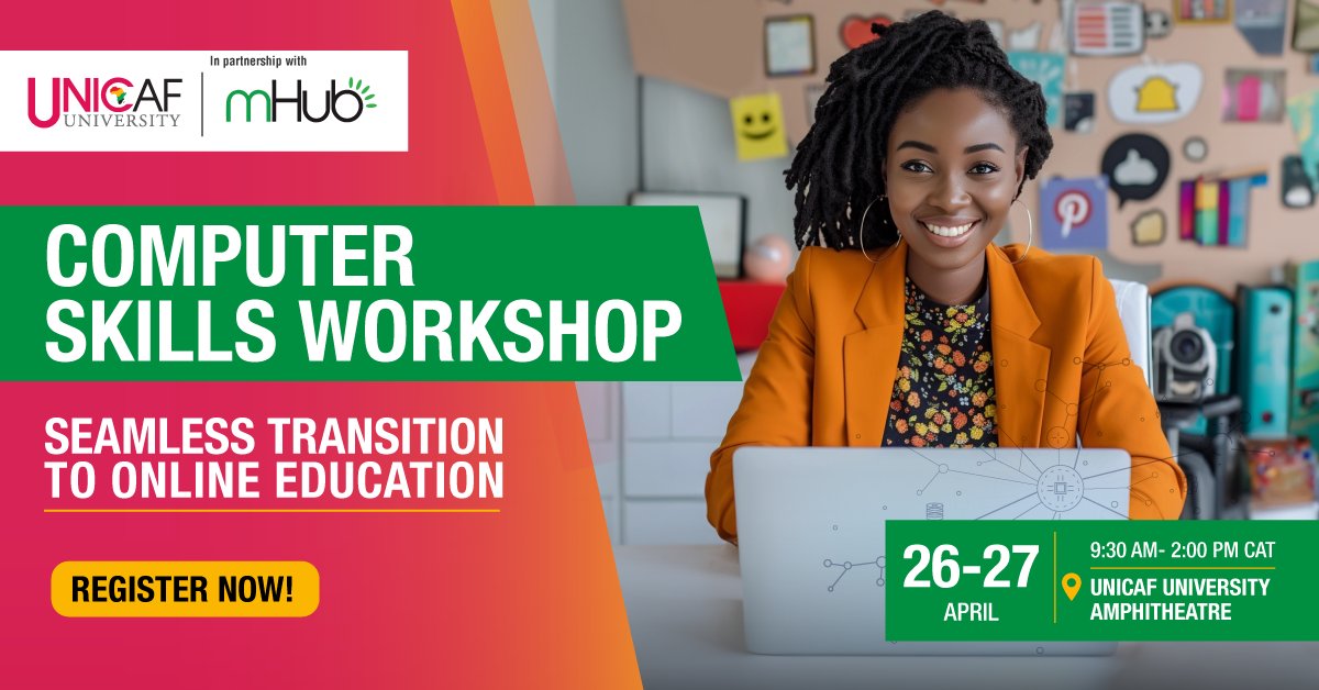 Save the dates: April 26 & 27, 9:30 AM, at the Unicaf University Amphitheatre in Malawi for a Computer Skills Workshop. Register now!👉 lnkd.in/gE72EcfF . . . #unicafuniversity #computerskills #workshop