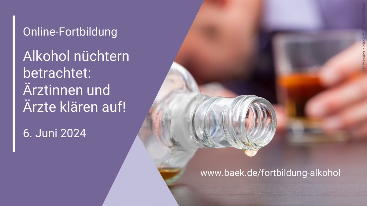 Anlässlich der #AktionswocheAlkohol lädt die #BÄK am 6. Juni 2024 zu der Online-Fortbildung „Alkohol nüchtern betrachtet: Ärztinnen und Ärzte klären auf!“ ein - in Kooperation mit @AEKBerlin, Berufsverband der Frauenärzte, @haev_aktuell u. DHS e. V. Infos: baek.de/fortbildung-al…