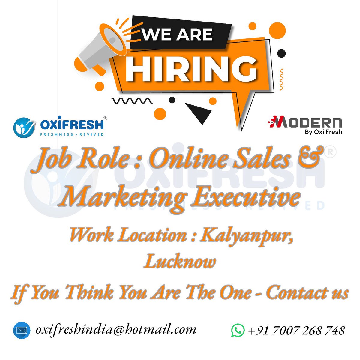 Oxi Fresh is looking for smart working executive who is:

• Knowledgeable
• Smart
• Good with Laptop & Smart Gadgets
• Quick Learner
• Understands Online Sales
• Can generate results

#oxifresh #jobvacancy #onlinesale #amazon #flipkart #lucknow #uprising #makeinindia🇮🇳 1/2