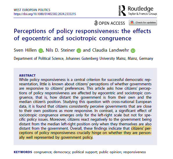Nils Steiner (@nilssteiner) on Twitter photo Happy to see this out in <a href="/WEPsocial/">WEP Journal</a>!
We investigate how citizens' perceptions of responsiveness depend on policy distance between the government and (1) themselves and (2) the median citizen, using data from <a href="/ESS_Survey/">European Social Survey</a>, <a href="/ches_data/">CH Expert Survey</a> and
@ParlGov.
doi.org/10.1080/014023…. Happy to see this out in <a href="/WEPsocial/">WEP Journal</a>!
We investigate how citizens' perceptions of responsiveness depend on policy distance between the government and (1) themselves and (2) the median citizen, using data from <a href="/ESS_Survey/">European Social Survey</a>, <a href="/ches_data/">CH Expert Survey</a> and
@ParlGov.
doi.org/10.1080/014023….