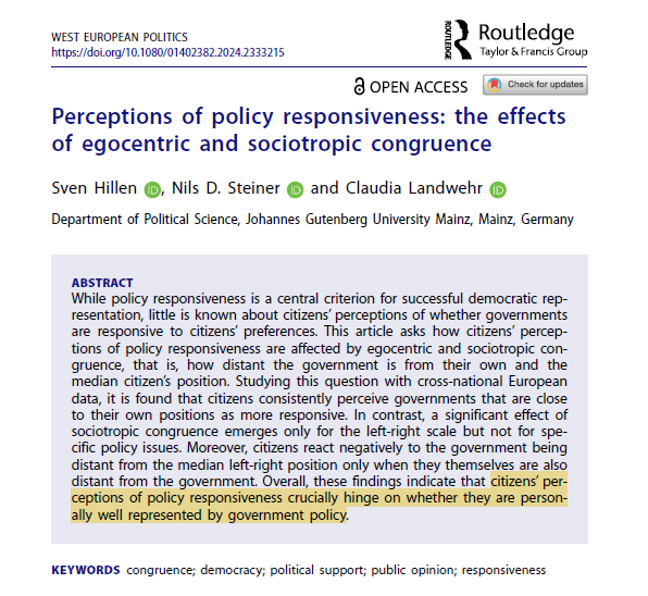 Happy to see this out in @WEPsocial! We investigate how citizens' perceptions of responsiveness depend on policy distance between the government and (1) themselves and (2) the median citizen, using data from @ESS_Survey, @ches_data and @ParlGov. doi.org/10.1080/014023….