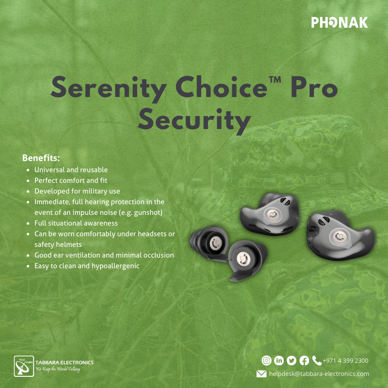 Serenity Choice ™ Pro Security is an extremely comfortable to wear impulse noise hearing protection, which reliably protects your hearing from dangerous noise peaks (e.g. gunshots). 

#TabbaraElectronics #phonak #abudhabi #dubai  #middleeas 
#ملتزمون_ياوطن
#نتصدر_المشهد