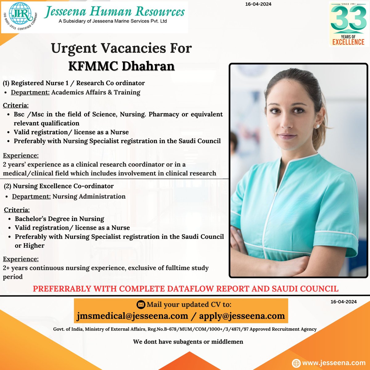 Urgent Vacancies For KFMMC Dhahran

Mail your updated CV to:
jmsmedical@jesseena.com / apply@jesseena.com

#KFMMCDhahran #NurseJobs #ClinicalResearch #NursingExcellence #NursingJobs #HealthcareCareers #SaudiCouncilRegistration #NursingCoordinator #ClinicalExperience