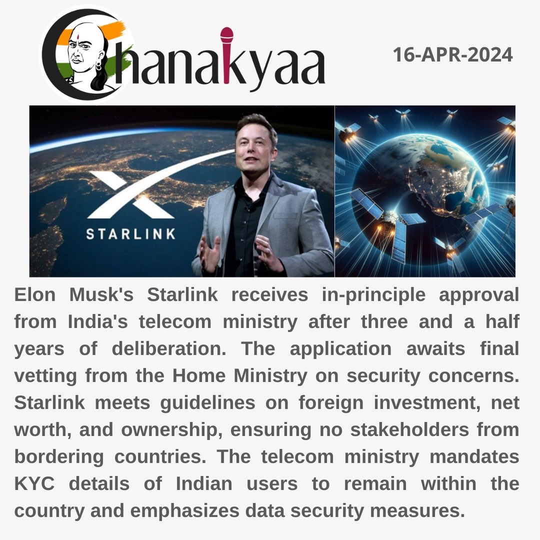 ChanakyaaEn's tweet photo. Starlink clears critical approval hurdle in India after 3.5 years!

#StarlinkIndia #TelecomApproval #ElonMusk #TechNews #DigitalIndia #SatelliteComms #SecureData #LokSabhaElections #ModiMeetsMusk #IndiaTech #StarlinkIndia #TelecomApproval #ElonMusk #TechNews #DigitalIndia https://t.co/e7TQC7bhhi