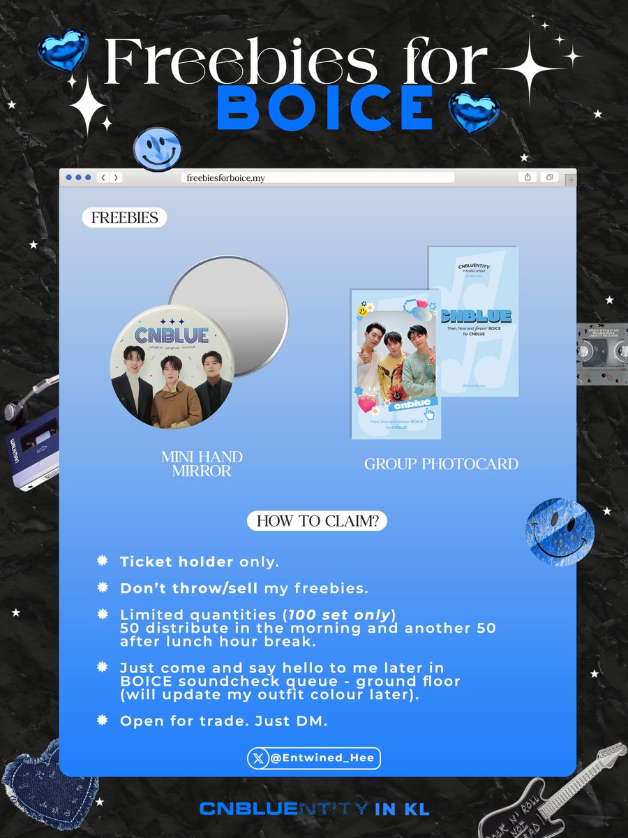 Hello Boice💙
I'll be giving out these sets of freebies at #CNBLUENTITYinKL 

x1 group photocard 
x1 mini handmirror 

Open for exchange (dm)
Time & loc: tba

See you guys there 💙

#CNBLUE #CNBLUENTITY

Notice design by @stardustdsgn