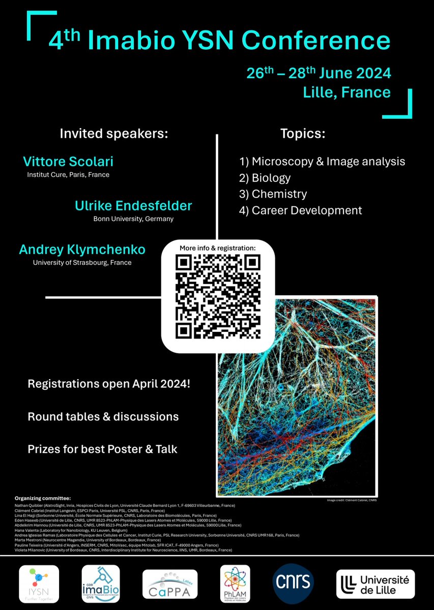 Join us in Lille for three days of bioimaging talks ! 🔬
We have a great line-up of plenary speakers  and many slots for presentations ! 
🗓 June 26th-June 28th

Register FOR FREE until May 15th 2024 :
imabio-cnrs.fr/ysn-2024-regis…