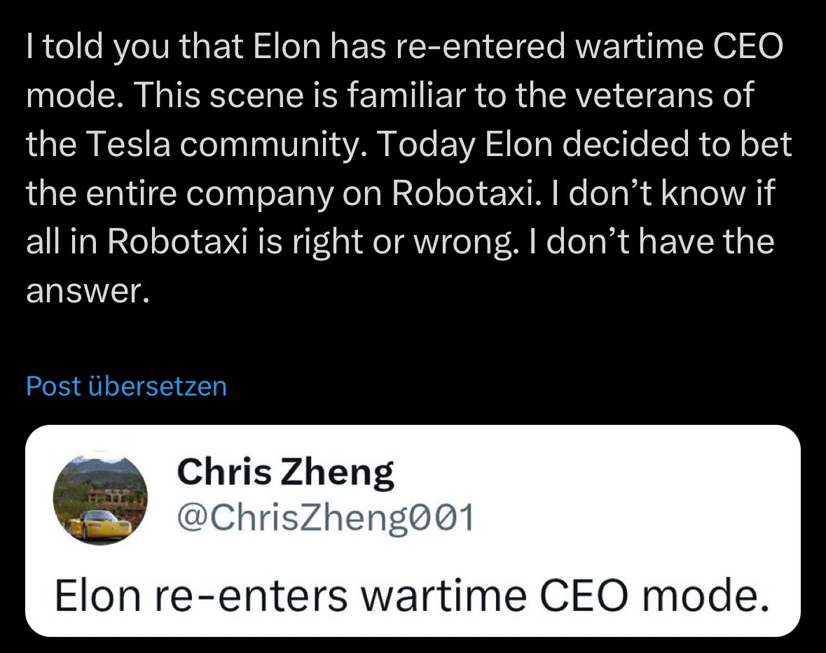 Vor ein paar Tagen habe ich auf YouTube behauptet, Elon hängt Teslas Zukunft nun vollständig an den seidenen Faden des Robotaxis.

Falls noch jemand Zweifel hatte, Musk hat diesen Tweet geliked:

„Heute hat Elon beschlossen, das gesamte Unternehmen auf Robotaxi zu setzen. Ich…