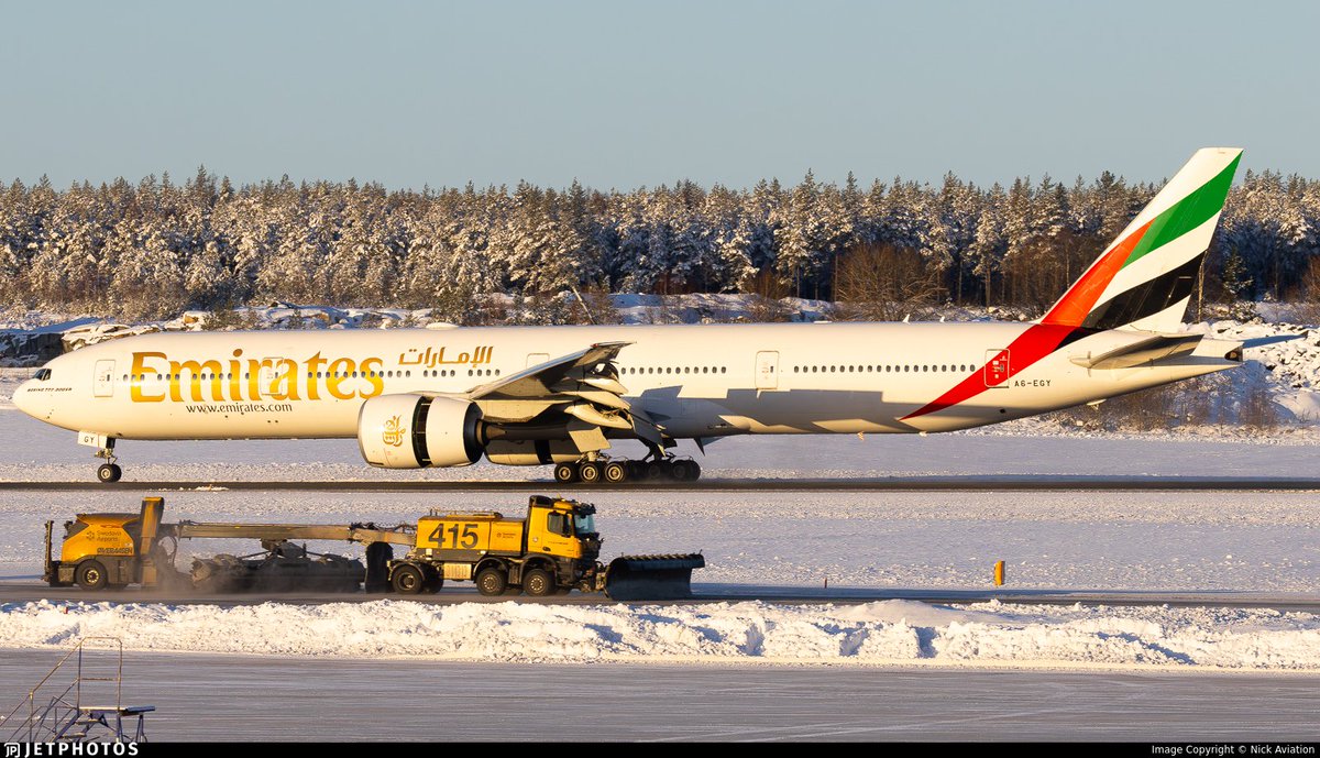 An Emirates 777 landing in Stockholm. jetphotos.com/photo/11300588 © Nick Aviation