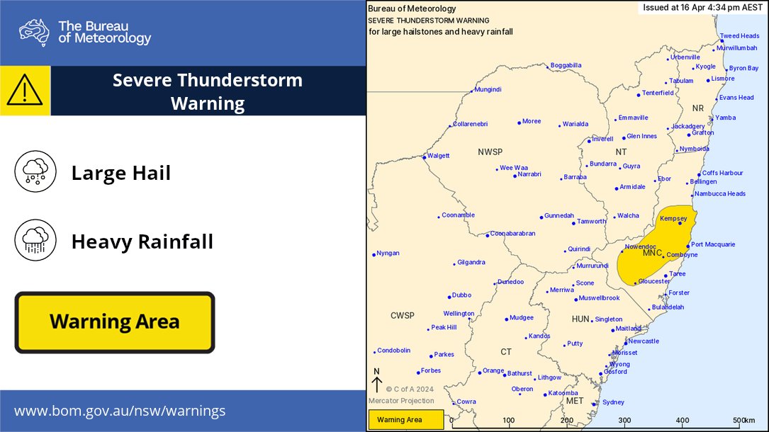 Severe Thunderstorm Warning has been updated. Now covering the area between #Kempsey and #Gloucester. Risk of heavy falls and large hail. Latest warning bom.gov.au/products/IDN21…