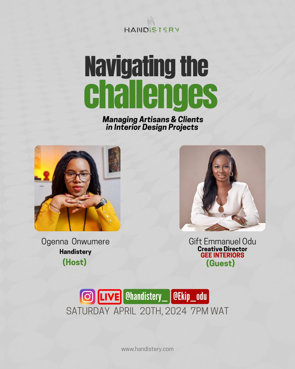 handistery's tweet photo. Join  us for another  LIVE  session with @ekip_odu as we discuss 'Navigating  challenges:  managing  artisans  and clients '

Mark your calendar this Saturday  20th April 2024. 7pm WAT.

#Handistery #iglive #learning https://t.co/RXSGhMgoFP