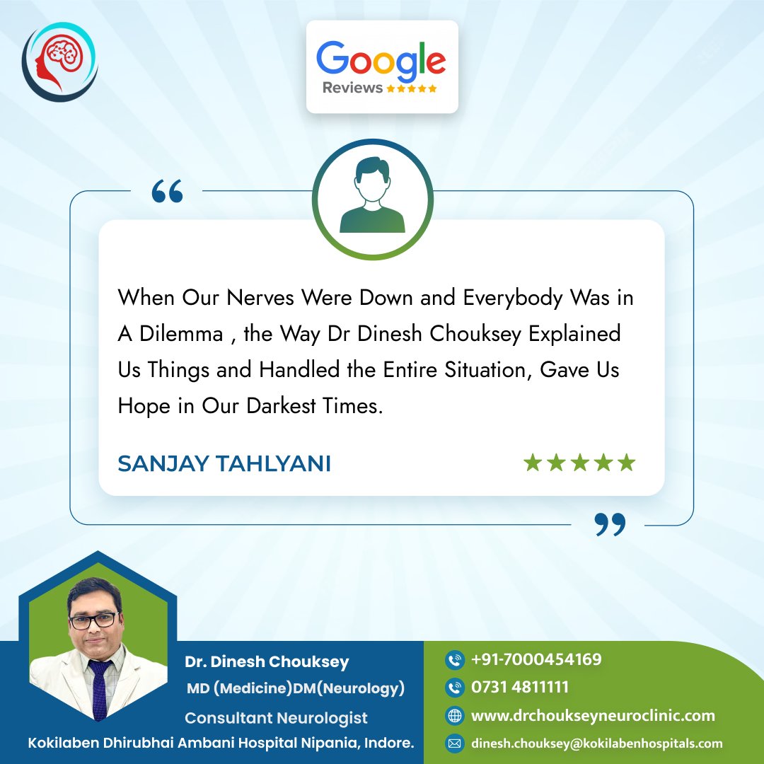 Check out what our patients are saying! Real reviews, real experiences. 
.
#DrDineshChouksey #drchouksey #reviews #review #feedback #happypatient #patientfeedback #patientreview #neurologist #neurologistinindore #neurologistinindorevijaynagar #neurologistdoctor #neurology