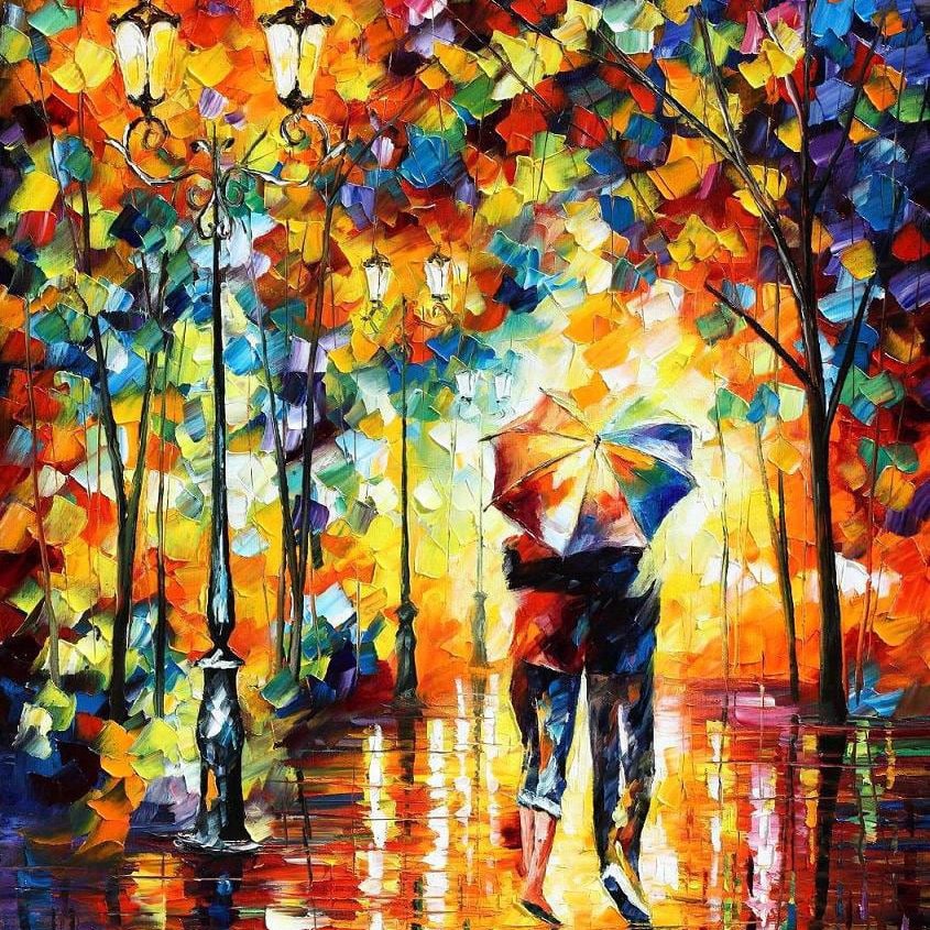 COUPLE UNDER ONE UMBRELLA - Large-Size Original Oil Painting ON CANVAS by Leonid Afremov (not mixed-media, print, or recreation artwork). 100% unique hand-painted painting. Today's price is $99 including shipping. COA provided afremov.com/couple-under-o…