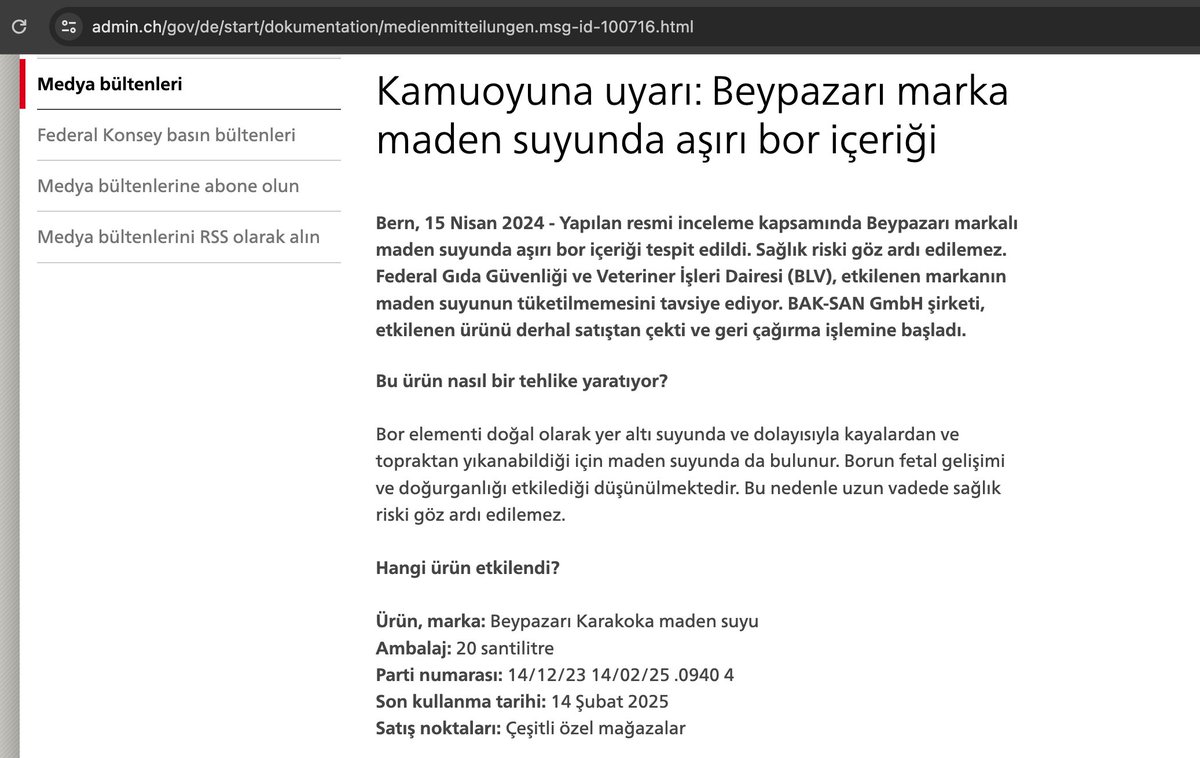 nedenttoldu's tweet photo. Beypazarı'nın TT olma nedeni, İsviçre Federal Gıda Güvenliği ve Veterinerlik İşleri Dairesi'nin Beypazarı marka sodalarda aşırı seviyede bor tespit edildiğini açıklaması.

"Kamuoyuna uyarı: Beypazarı marka maden suyunda aşırı bor içeriği" başlıklı açıklamada, ürünün tüketiminin sağlık riski oluşturduğu belirtildi ve tüketilmemesi tavsiye edildi.