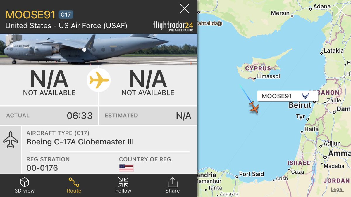 USAF 'MOOSE91' C-17 Military Transport from Al Udeid (US Base), Qatar 🇶🇦 to Tel Aviv, Israel 🇮🇱 

Stopover in Pafos to avoid a publicly visible direct flight from Qatar to Israel.
