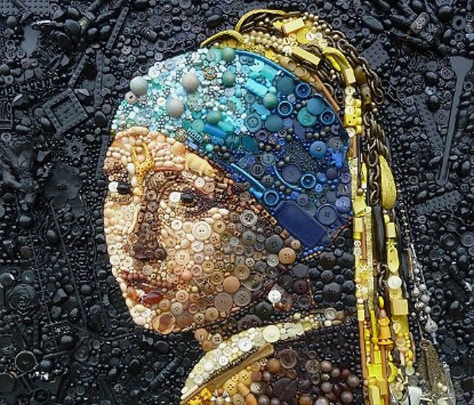 UK artist Jane Perkins recreates artworks from found materials such as plastic toys, beads, buttons and shells #womensart