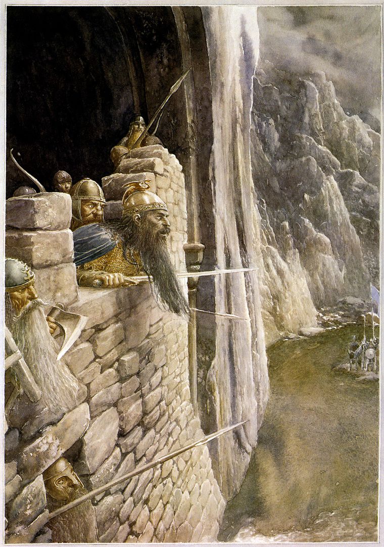 For #APRIL 1999
‘Thorin, King Under the Mountain’ ('Who are you, and of what would you parley?')
#AlanLee (born 1947). Watercolor.
#JRRTolkien *#TheHobbit* (1997) Ch. 15 “The Gathering of the Clouds”
Reproduced, *Tolkien Calendar 1999* (HarperCollins) for April.
#illustrationart