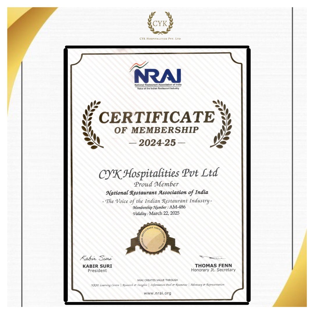 We are pleased to announce that #CYKHospitalities has joined the esteemed @NRAI_India (National Restaurant Association of India). This #accomplishment demonstrates our dedication to #excellence in the #foodbusiness.