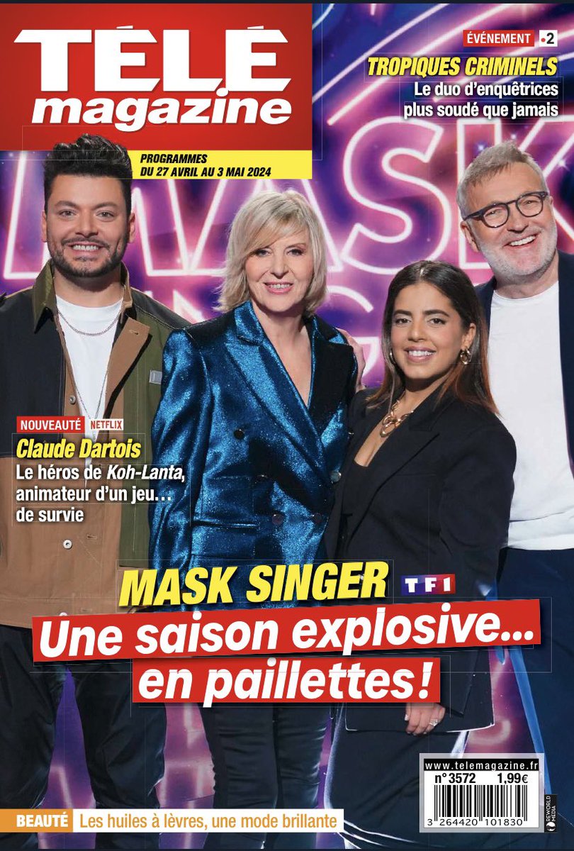 En Une de @telemagazine les 4 enquêteurs de la nouvelle saison de @MaskSinger_TF1 @kevadamsss @chantalladesouO #InèsReg @ruquierofficiel Rdv dès le vendredi 03/05 @TF1 avec @CamilleCombal !