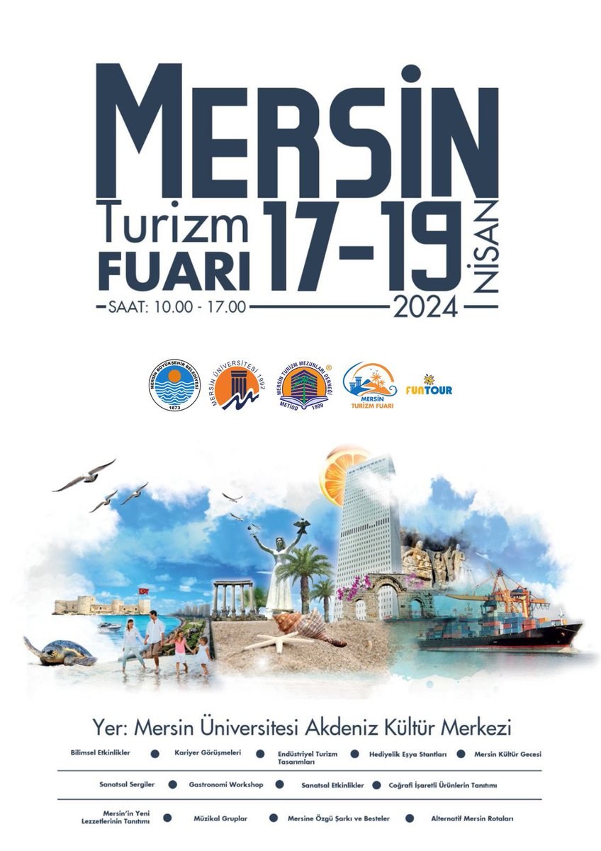 Mersin Turizm Fuarı Başlıyor 📣

Bilimsel söyleşiler, Mersin’in alternatif tur rotaları, gastronomi-workshoplar, defile ve gösteriler sizleri bekliyor ✨

📆 17-19 Nisan 2024
⏰ 10.00 - 17.00
📍Mersin Üniversitesi Akdeniz Kültür Merkezi ve Gençlik Akademisi

#MersinÜniversitesi