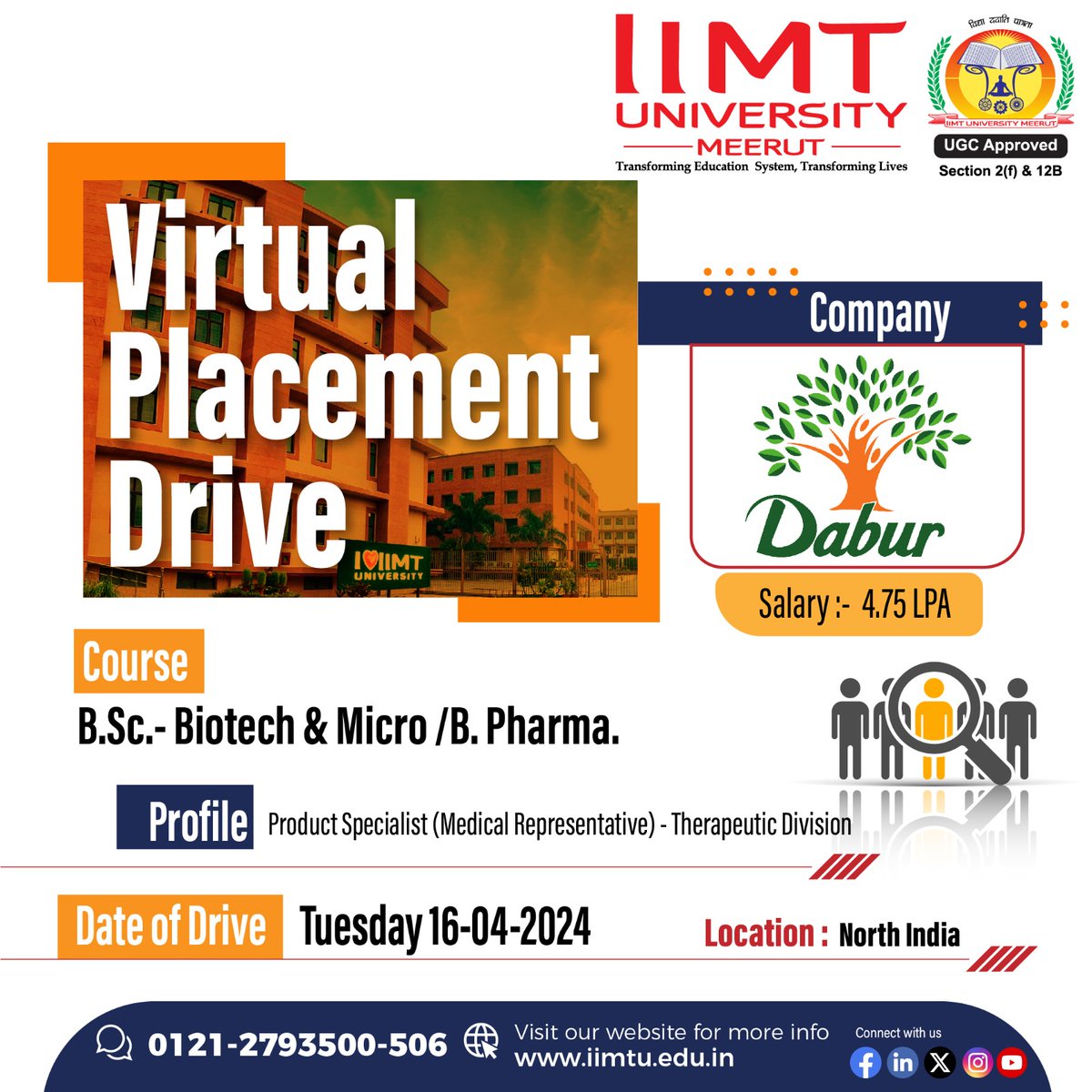 📢 Virtual #PlacementDrive Announcement 
🏢 #Company: @DaburIndia Limited
📅 Date: Tuesday, 16-04-2024
💼 Job Role: Product Specialist (Therapeutic Division)    
📋 Eligibility:  B. Sc. -Biotech & Micro /B. Pharma 
⏰ Timing: 2:00 PM Onwards     

#DaburIndia #Hiring #placements