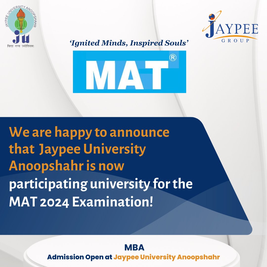 juaonline's tweet photo. We are happy to announce that Jaypee University Anoopshahr is now an official participating university for the MAT 2024 Examination! Join us as we embark on this exciting journey of academic excellence.
#MAT2024 #JaypeeUniversityAnoopshahr #HigherEducation #MATExam https://t.co/FCwEy6CDf9