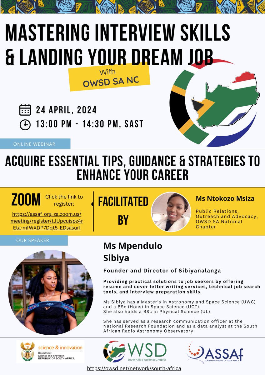 🌟 Unlock your potential in STEM careers! Join OWSD SA's webinar on "Mastering Interview Skills &amp; Landing your Dream Job". Empowerment for emerging scientists &amp; women in STEM. 
Connect with experts &amp; register now: assaf-org-za.zoom.us/meeting/regist… 
#STEM #InterviewSkills #CareerDevelopment