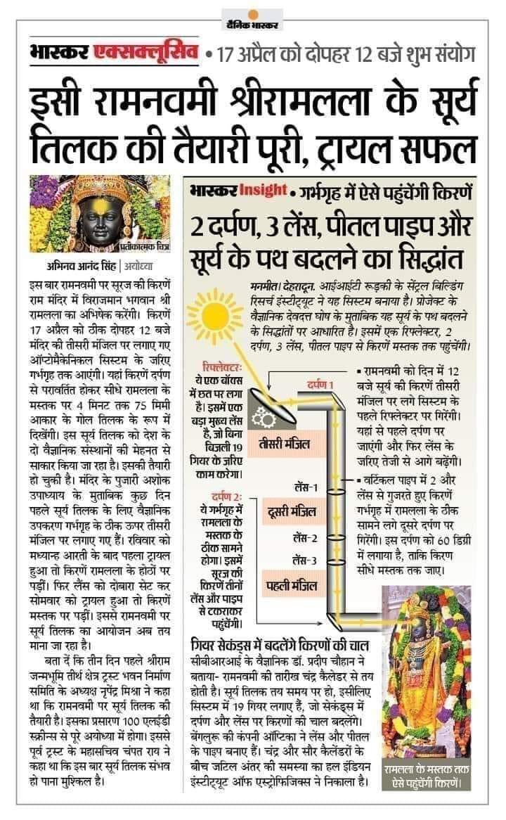 रामनवमी पर सूर्य की किरणों से होगा रामलला का तिलक, ऑप्टोमैकेनिकल सिस्टम का ट्रायल हुआ सफल। 🙏🏻🚩🪔