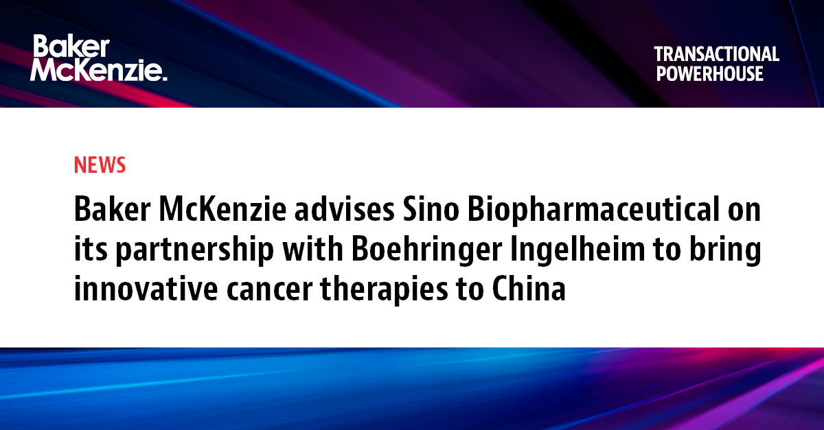 Our cross-office, cross-practice team has advised Sino Biopharmaceutical Limited on its strategic partnership with Boehringer Ingelheim to bring Boehringer Ingelheim’s innovative cancer therapies to the mainland China market. Read more:bmcknz.ie/3vHZHTC