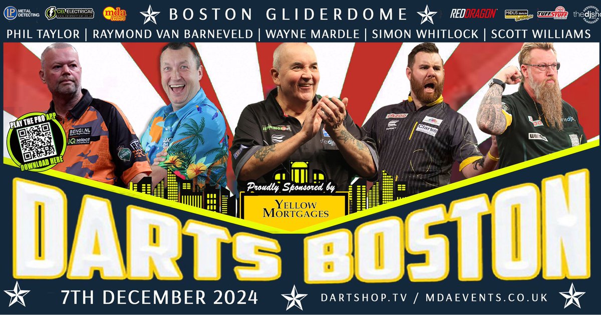 🤩 THE ULTIMATE SHOWMEN IN BOSTON. So come on, let us entertain you Boston we are back with Yellow Mortgages at the Gliderdrome Boston in 2024, with 21 World Titles, two ultimate showmen, and an international legend. 🎯 @Raybar180 @Wayne501Mardle Scott Williams and @PhilTaylor…