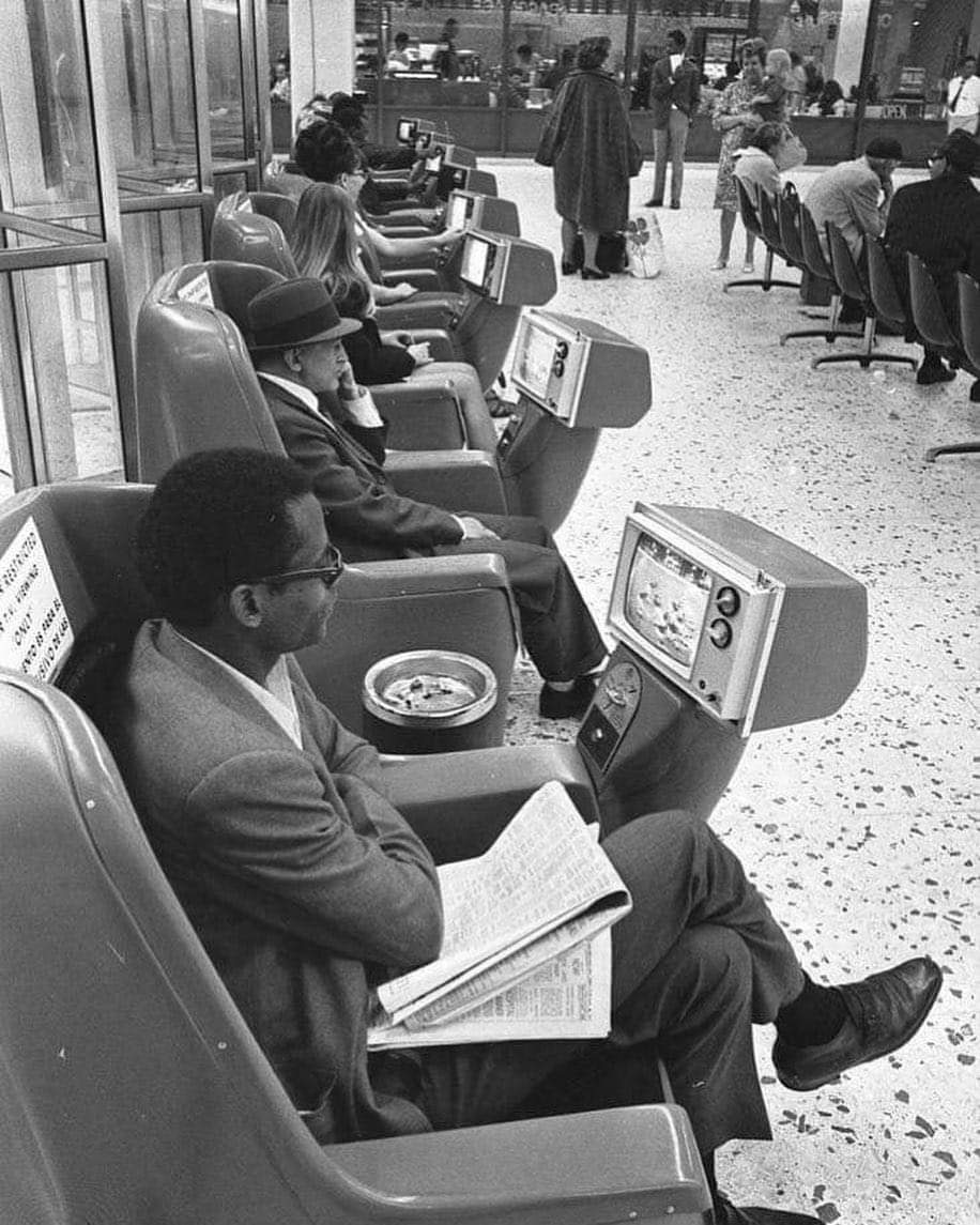 Coin operated TVs at Los Angeles Greyhound Bus Terminal, 1969.